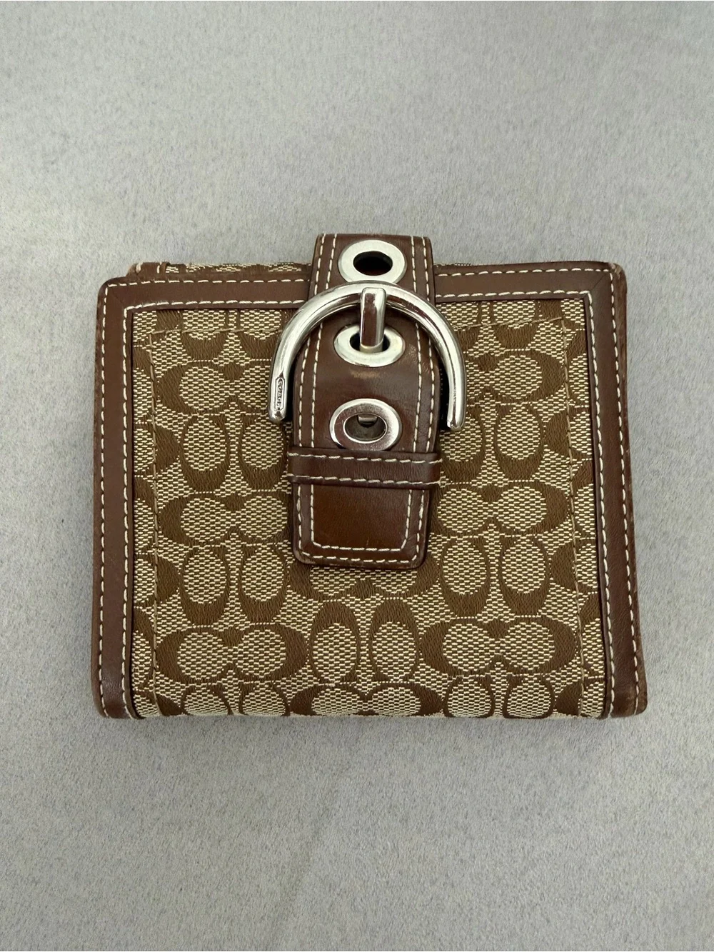 Coach Signature Canvas Wallet in Brown with Buckle Accent